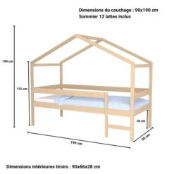 Lit Cabane Enfant Bois Naturel Laqué 90x190 - LT14052 -Lematelas Soldes Boutique 1333 1 mika dimensions catalogue