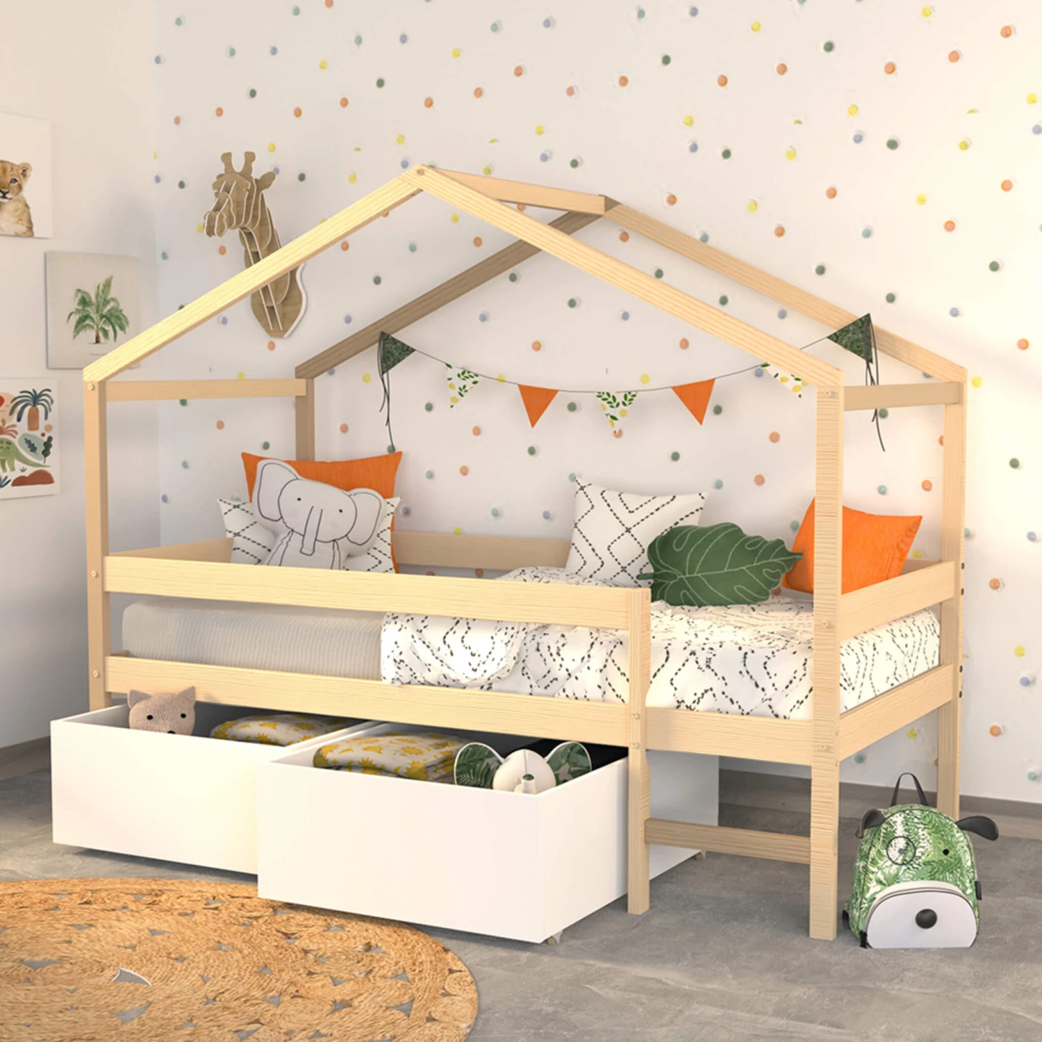 Lit Cabane Enfant Bois Naturel Laqué + 2 Tiroirs 90x190 - LT14053 2 Lit Cabane Enfant Bois Naturel Laqué + 2 Tiroirs 90x190 - LT14053 – Image 2