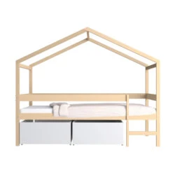 Lit Cabane Enfant Bois Naturel Laqué + 2 Tiroirs 90x190 - LT14053