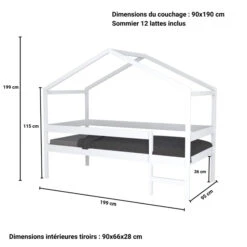 Lit Cabane Enfant Bois Blanc Laqué 90x190 - LT14054 9 Lit Cabane Enfant Bois Blanc Laqué 90x190 - LT14054 -Lematelas Soldes Boutique 1333 9 mika dimensions catalogue