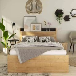 Lit Avec Tête De Lit En Bois Imitation Chêne - LI9051 -Lematelas Soldes Boutique alba ambiance 2 1