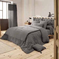 Housse De Couette Double Gaze De Coton Gris Anthracite -Lematelas Soldes Boutique anthracite ambiance 2