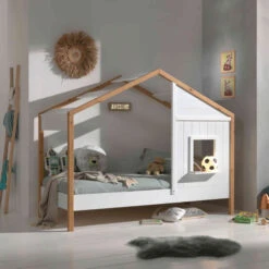 Lit Cabane Enfant En Bois Blanc Et Hêtre 90x200 Cm - LT2052