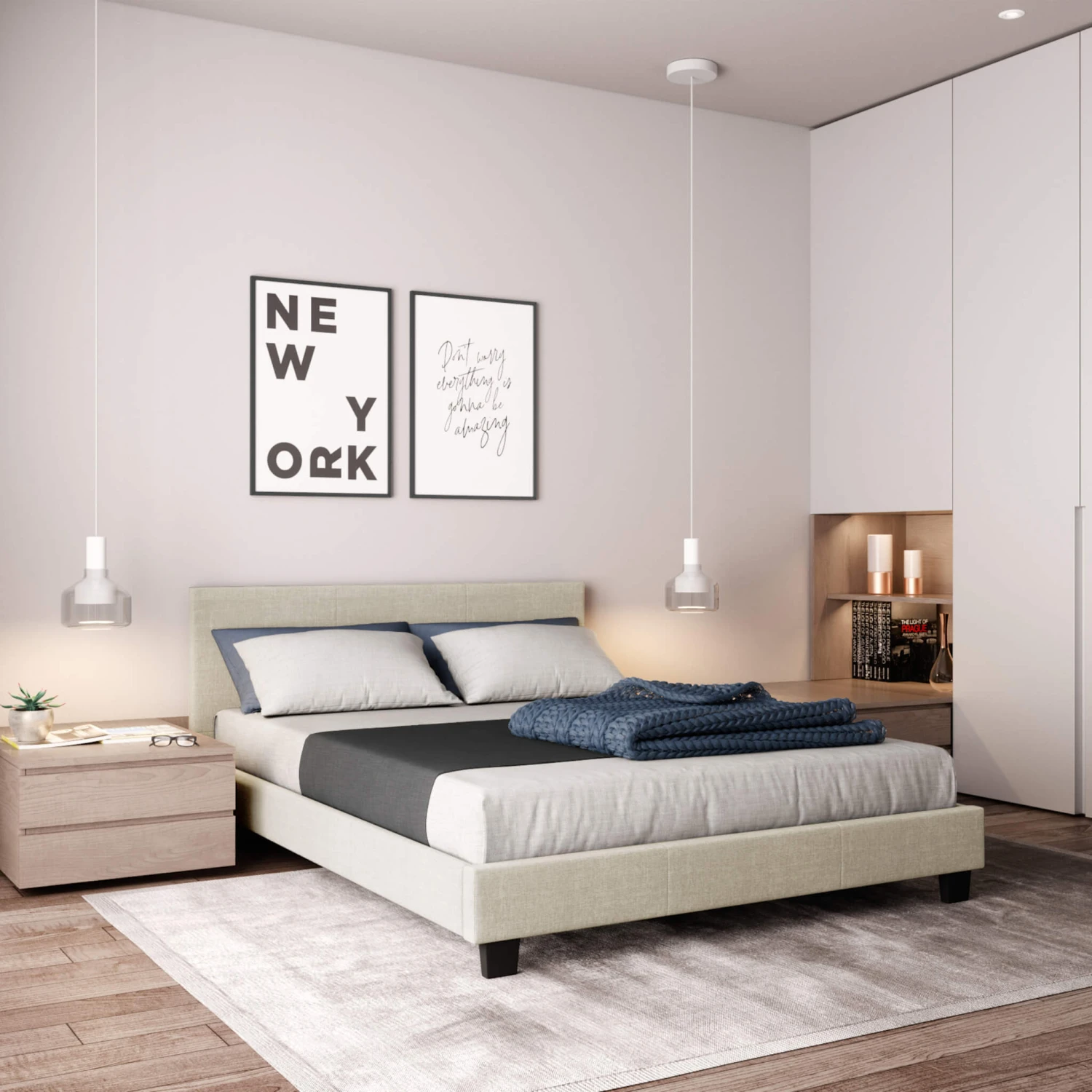 Lit En Bois Avec Tête De Lit Tissu Naturel 140x190 - LT17021 2 Lit En Bois Avec Tête De Lit Tissu Naturel 140x190 - LT17021 – Image 2