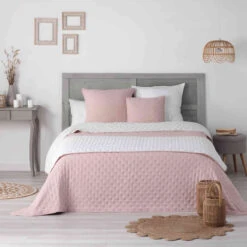 Couvre-lit Microfibre Matelassé Mellow Chic Rose Et Blanc