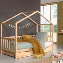 Lit Cabane Enfant à Barreaux En Bois Massif 90x200 Avec Tiroir De Lit - LT2025