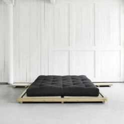 Ensemble Lit Futon Style Japonais Naturel + Tatami + Matelas Futon Noir