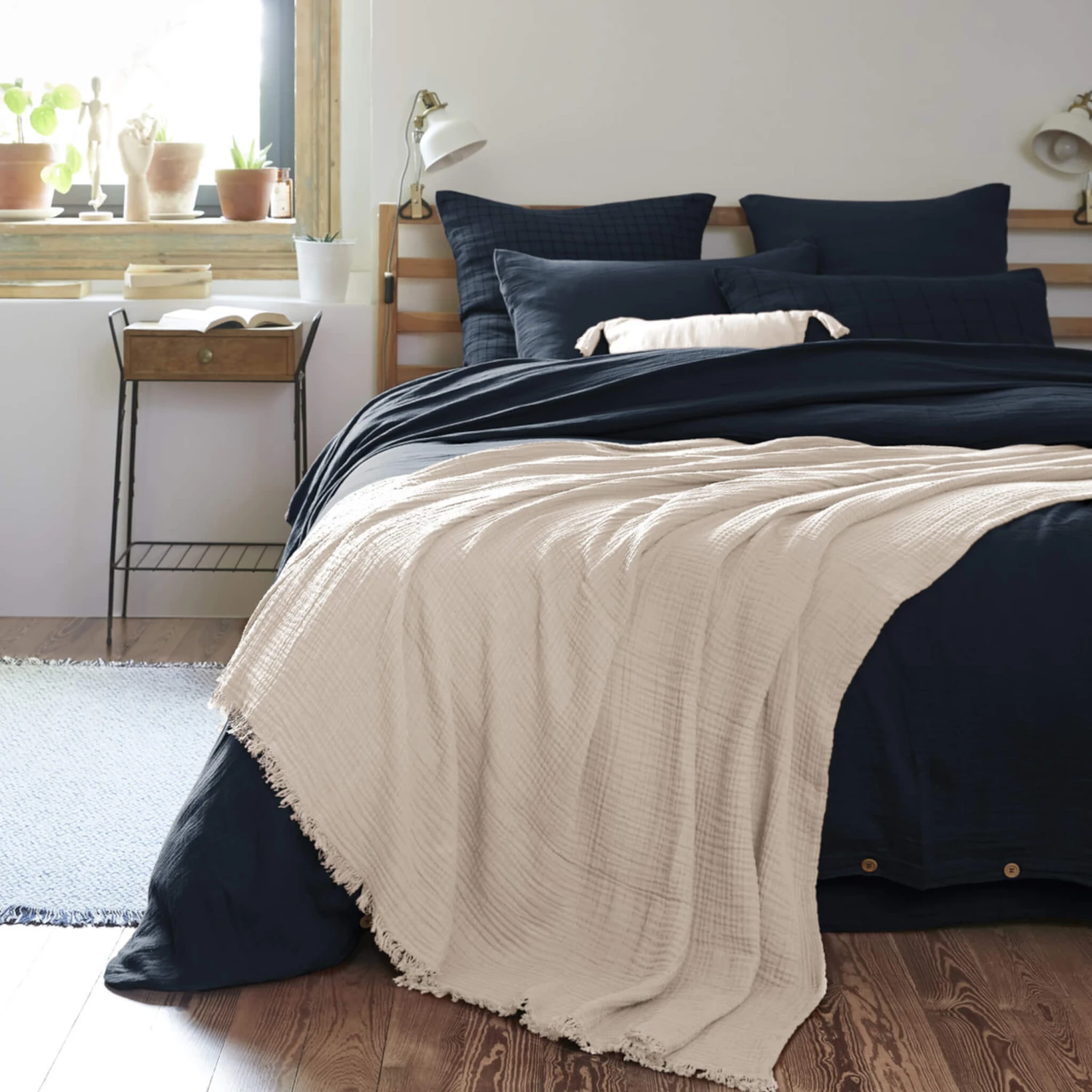 Plaid Gaze De Coton à Franges Beige 1 Plaid Gaze De Coton à Franges Beige