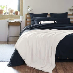 Plaid Gaze De Coton à Franges Blanc