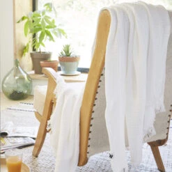 Plaid Gaze De Coton à Franges Blanc -Lematelas Soldes Boutique gaia blanc amb 2 plaid