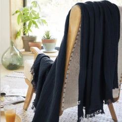 Plaid Gaze De Coton à Franges Marine -Lematelas Soldes Boutique gaia bleumarine amb 2 plaid