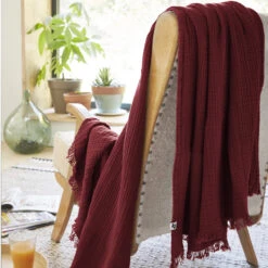Plaid Gaze De Coton à Franges Bordeaux -Lematelas Soldes Boutique gaia bordeaux amb 2 plaid