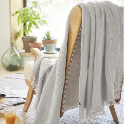 Plaid Gaze De Coton à Franges Gris -Lematelas Soldes Boutique gaia gris amb 2 plaid