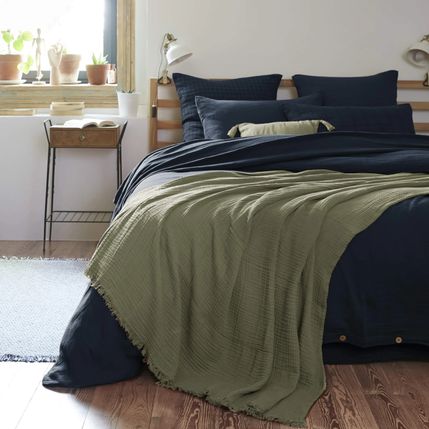 Plaid Gaze De Coton à Franges Kaki 1 Plaid Gaze De Coton à Franges Kaki