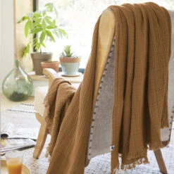 Plaid Gaze De Coton à Franges Marron -Lematelas Soldes Boutique gaia marron amb 2 plaid