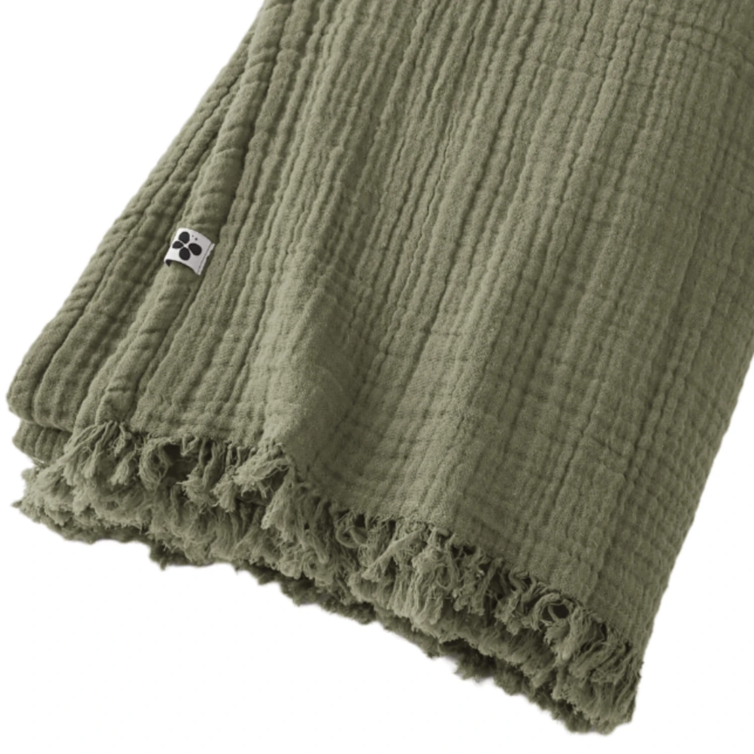 Plaid Gaze De Coton à Franges Kaki 3 Plaid Gaze De Coton à Franges Kaki – Image 3