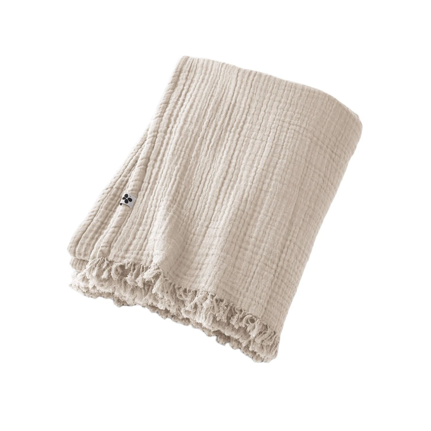 Plaid Gaze De Coton à Franges Beige 2 Plaid Gaze De Coton à Franges Beige – Image 2