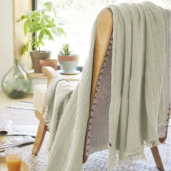Plaid Gaze De Coton à Franges Vert D'eau -Lematelas Soldes Boutique gaia vertdeau amb 2 plaid