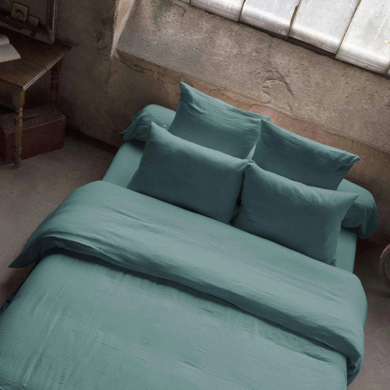 Housse De Couette Double Gaze De Coton Bleu Canard 2 Housse De Couette Double Gaze De Coton Bleu Canard – Image 2