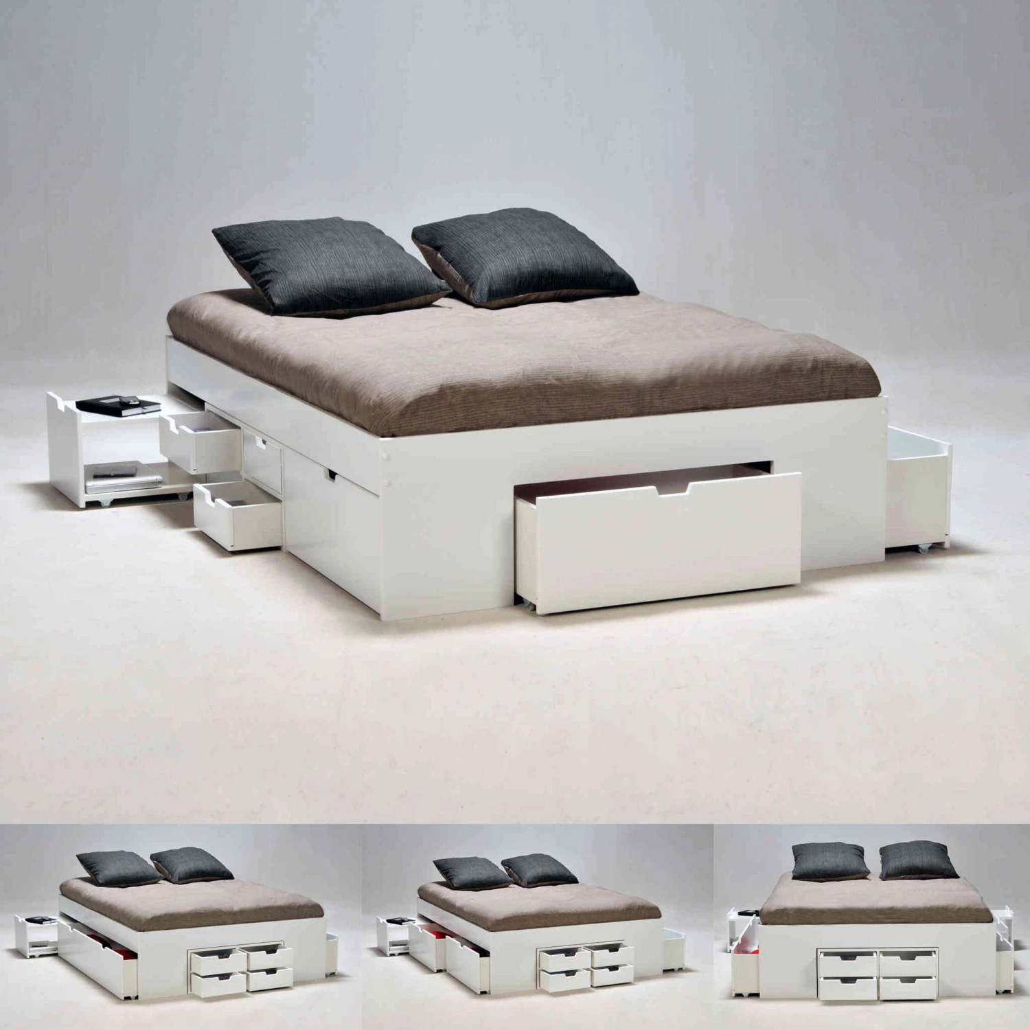 Lit Tiroirs Avec 2 Chevets En Bois Blanc - LT14014 2 Lit Tiroirs Avec 2 Chevets En Bois Blanc - LT14014 – Image 2