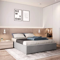 Lit Coffre En Bois Massif Gris Clair Avec Sommier à Lattes - LT17017 -Lematelas Soldes Boutique lit coffre gris ambiance1