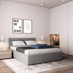 Lit Coffre En Bois Massif Avec Tête De Lit Tissu Gris Et Sommier à Lattes - LT17019 9 Lit Coffre En Bois Massif Avec Tête De Lit Tissu Gris Et Sommier à Lattes - LT17019 -Lematelas Soldes Boutique lit coffre gris tissu 140x190 ambiance