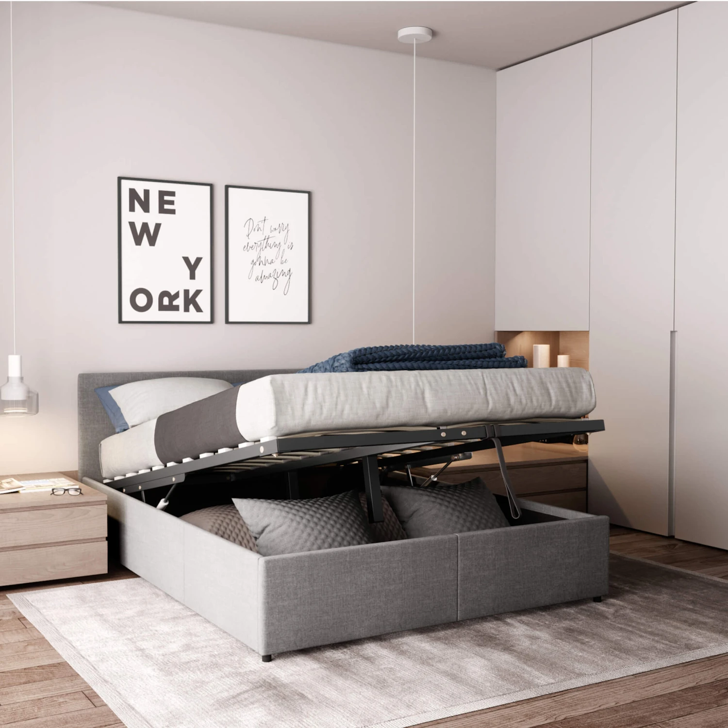 Lit Coffre En Bois Massif Avec Tête De Lit Tissu Gris Et Sommier à Lattes - LT17019 2 Lit Coffre En Bois Massif Avec Tête De Lit Tissu Gris Et Sommier à Lattes - LT17019 – Image 2