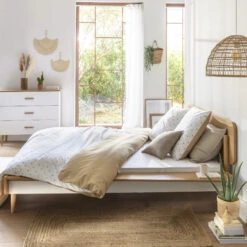 Ensemble Lit + Tête De Lit SMOOTHCLOUD En Bois Naturel Et Blanc -Lematelas Soldes Boutique lit double ambiance 22 1 2