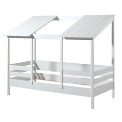 Lit Cabane Enfant Avec Toit En Bois Blanc 90x200