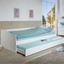 Lit Gigogne En Bois Massif Blanc Avec Sommier à Lattes Intégré 90x190 - LT12125 -Lematelas Soldes Boutique lit leonie blanc ambiance 3