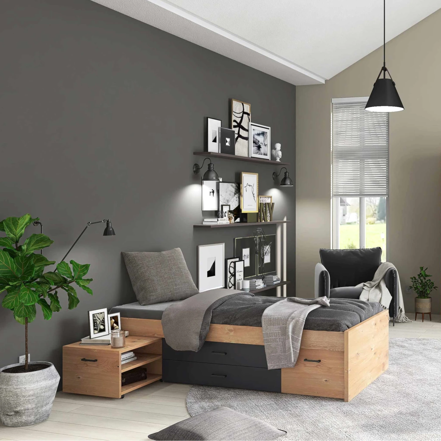 Lit Multi-rangements 90x200 Avec Table De Chevet Intégrée En Bois Imitation Chêne Et Anthracite - LT12127 2 Lit Multi-rangements 90x200 Avec Table De Chevet Intégrée En Bois Imitation Chêne Et Anthracite - LT12127 – Image 2