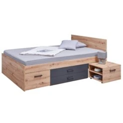 Lit Multi-rangements En Bois Imitation Chêne Et Anthracite 140x200 - LT12124 -Lematelas Soldes Boutique lit loria double chevet profil fond blanc