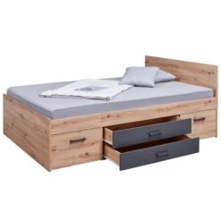 Lit Multi-rangements En Bois Imitation Chêne Et Anthracite 140x200 - LT12124 -Lematelas Soldes Boutique lit loria double tiroirs ouverts profil fond blanc