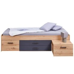 Lit Multi-rangements 90x200 Avec Table De Chevet Intégrée En Bois Imitation Chêne Et Anthracite - LT12127