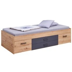 Lit Multi-rangements 90x200 Avec Table De Chevet Intégrée En Bois Imitation Chêne Et Anthracite - LT12127 10 Lit Multi-rangements 90x200 Avec Table De Chevet Intégrée En Bois Imitation Chêne Et Anthracite - LT12127 -Lematelas Soldes Boutique lit loria simple profil fond blanc