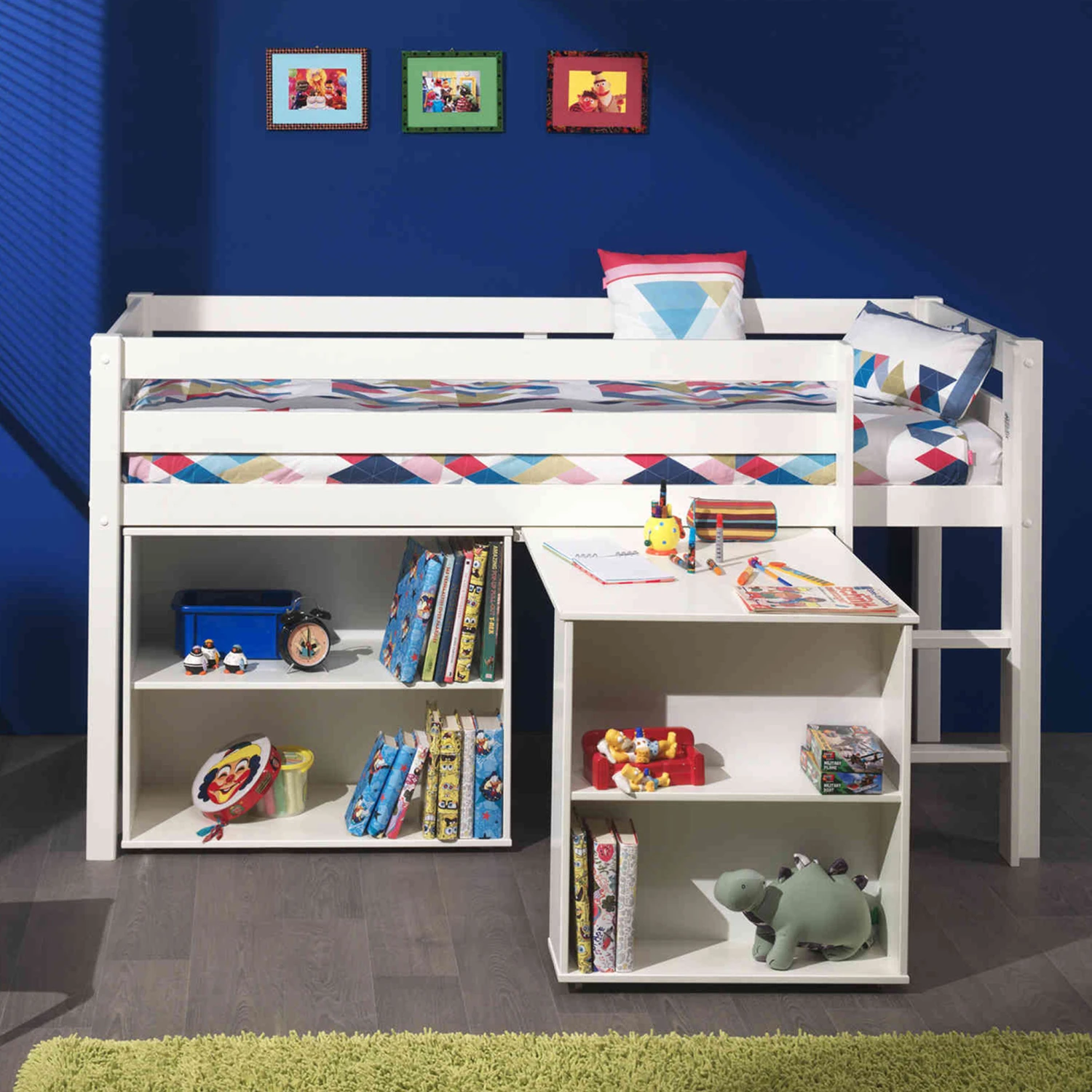 Lit Mezzanine 90x200 Blanc + Bureau + Bibliothèque - Terre De Nuit 1 Lit Mezzanine 90x200 Blanc + Bureau + Bibliothèque - Terre De Nuit