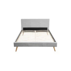 Lit En Bois Avec Tête De Lit Tissu Gris Clair - LT17020 -Lematelas Soldes Boutique lit scandinave gris clair 160x200 face fond blanc