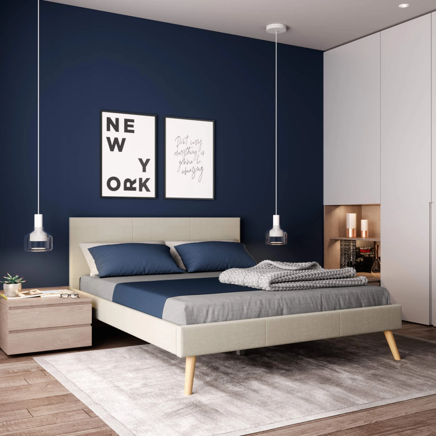 Lit En Bois Avec Tête De Lit Tissu Naturel - LT17020 2 Lit En Bois Avec Tête De Lit Tissu Naturel - LT17020 – Image 2