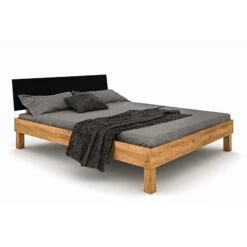 Lit Avec Pieds Carrés En Chêne Massif Clair Et Tête De Lit Noire - LT36005