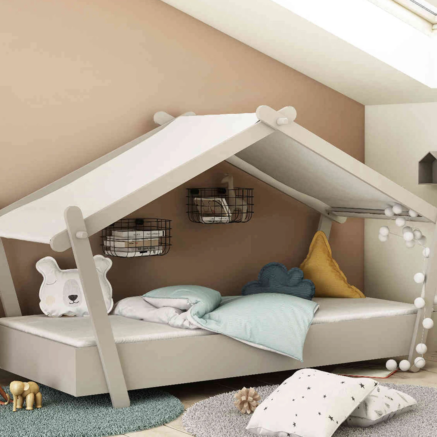Lit Enfant Cabane 90x200 En Bois Gris Clair - LI170 1 Lit Enfant Cabane 90x200 En Bois Gris Clair - LI170