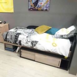 Lit Enfant Avec Rangements En Bois Imitation Chêne Clair Et Noir 90x200 - LT5055 -Lematelas Soldes Boutique literquyambiance