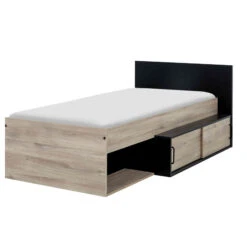 Lit Enfant Avec Rangements En Bois Imitation Chêne Clair Et Noir 90x200 - LT5055