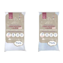 Lot De 2 Draps Housses Bébé + Alèses 2 En 1 Coton Imperméable Blanc Et Gris