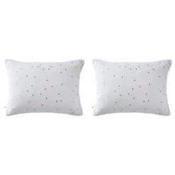 Lot De 2 Taies D'oreillers à Pois Brodés Double Gaze De Coton -Lematelas Soldes Boutique lot taie oreiller rectangle chic blanc fond blanc