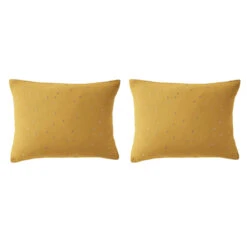 Lot De 2 Taies D'oreillers à Pois Brodés Double Gaze De Coton -Lematelas Soldes Boutique lot taie oreiller rectangle chic jaune fond blanc