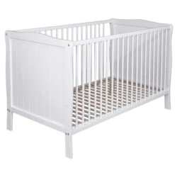 Lit Bébé évolutif En Bois Massif Blanc Avec Sommier Réglable En Hauteur 60x120