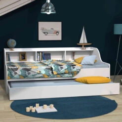 Lit Gigogne Enfant Avec étagère En Bois Blanc 90x190 - LT14031