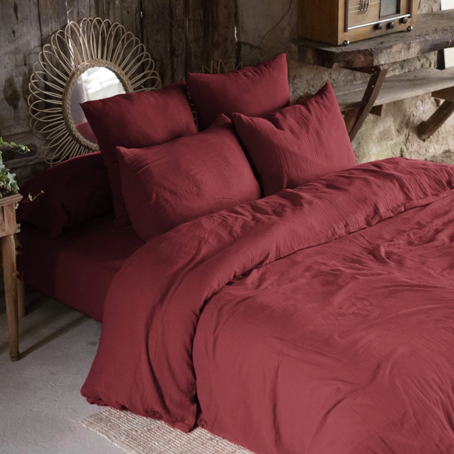 Lot De 2 Taies D'oreillers Double Gaze De Coton Bordeaux 3 Lot De 2 Taies D'oreillers Double Gaze De Coton Bordeaux – Image 3