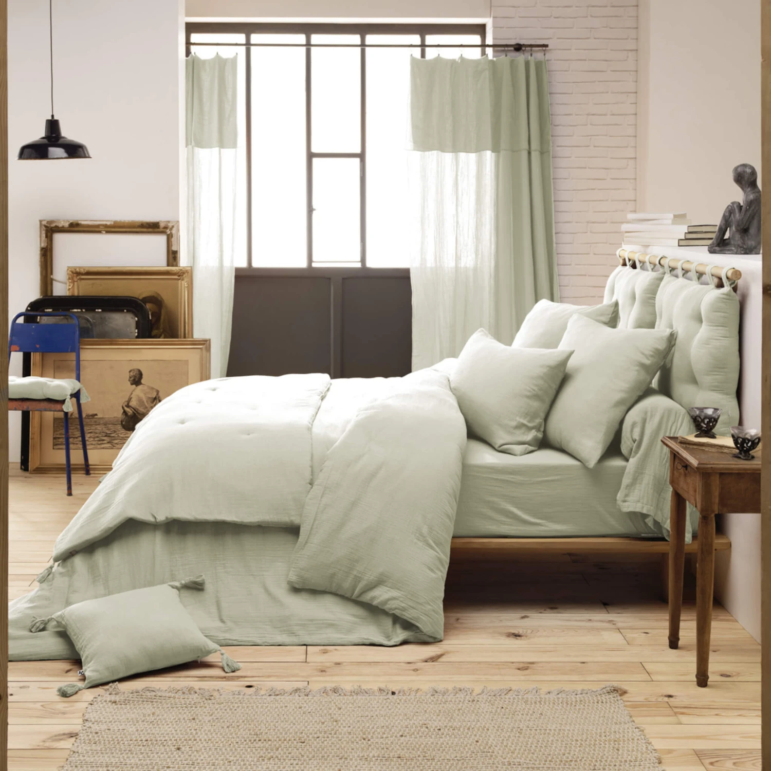 Parure De Lit Double Gaze De Coton Vert D'eau 2 Parure De Lit Double Gaze De Coton Vert D'eau – Image 2