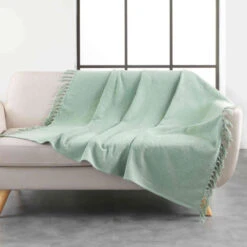 Plaid à Franges En Coton Tissé Zamina 125x150 Cm -Lematelas Soldes Boutique plaid zamina vert